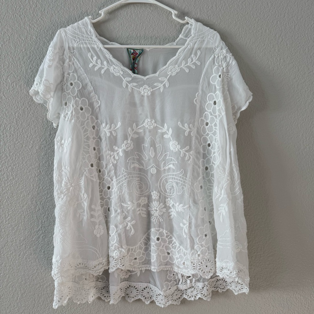 Johnny Was White Flowy Lace Embroidered Sheer Blouse